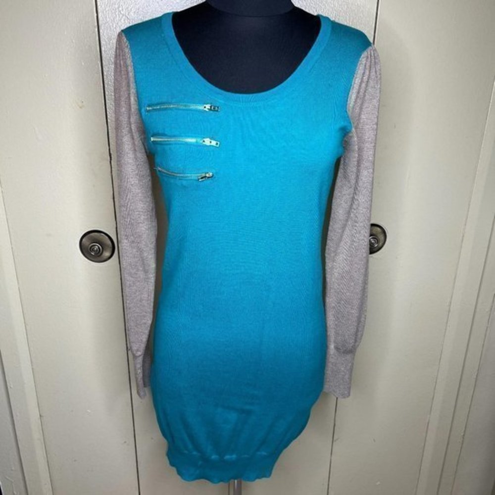 Teal and tan sweater dress